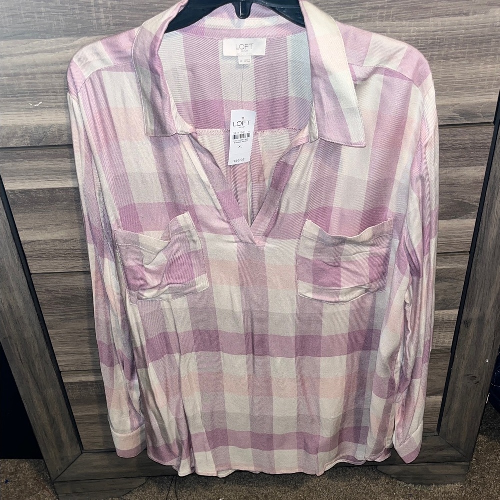 LOFT Purple and Cream Plaid V Neck Lightweight-Summer evening Style Top